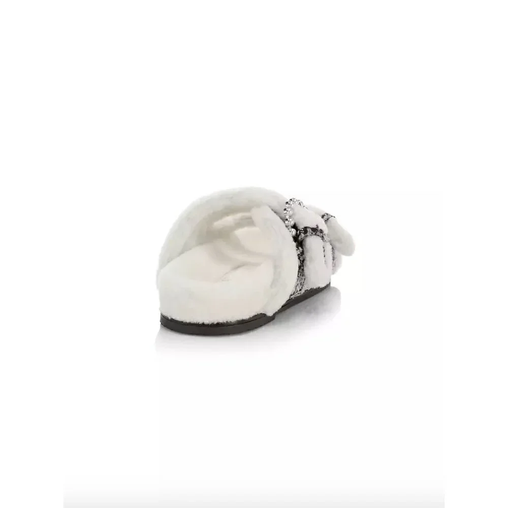 Stuart Weitzman Piper Chill Shearling Lined Tweed Pearl Slides White Black 8